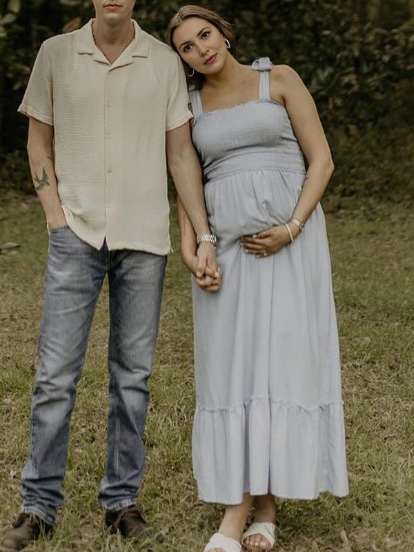 Light Blue Smoked lace-up Falbala Maternity Photoshoot Maxi Dress