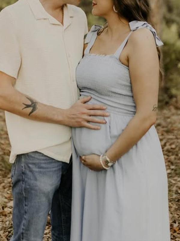 Light Blue Smoked lace-up Falbala Maternity Photoshoot Maxi Dress