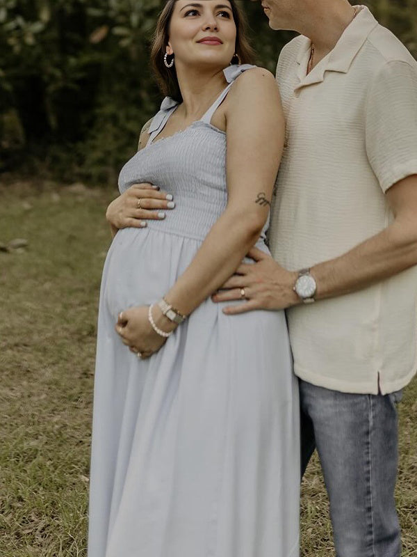 Light Blue Smoked lace-up Falbala Maternity Photoshoot Maxi Dress