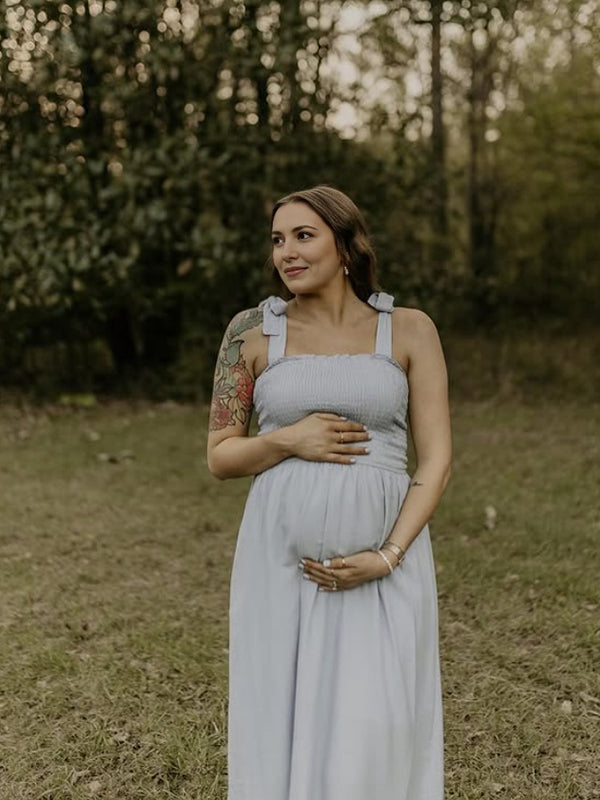 Light Blue Smoked lace-up Falbala Maternity Photoshoot Maxi Dress