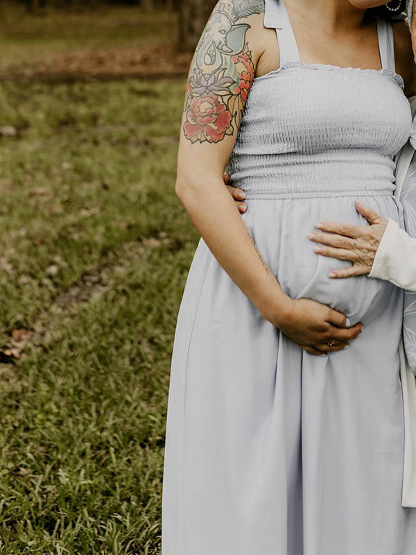 Light Blue Smoked lace-up Falbala Maternity Photoshoot Maxi Dress