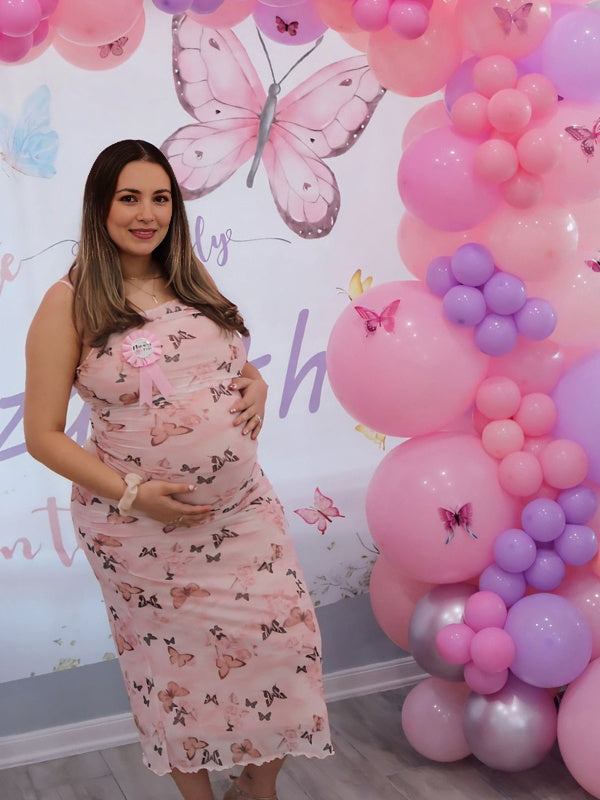 Pink Spaghetti Strap Stamp Duty Maternity Baby Shower Maxi Dress