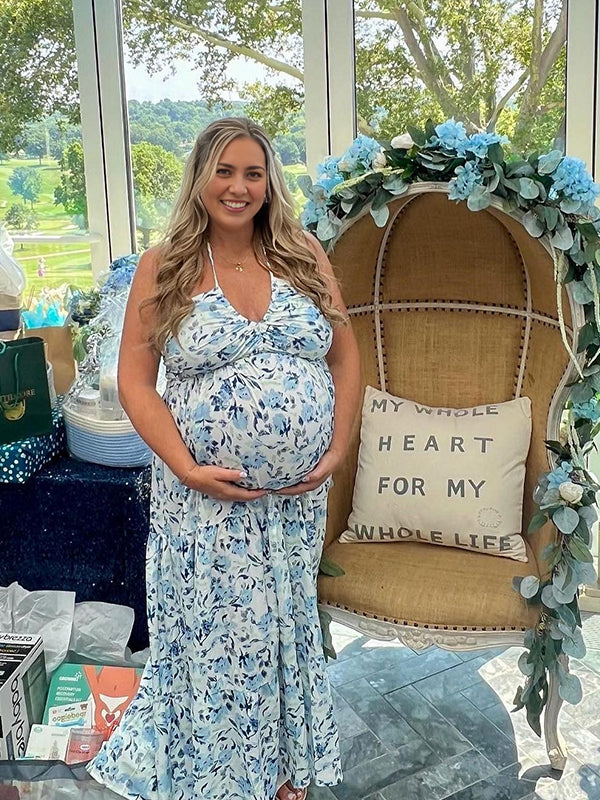 V Neck Spaghetti Strap Maternity Baby Shower Maxi Dress