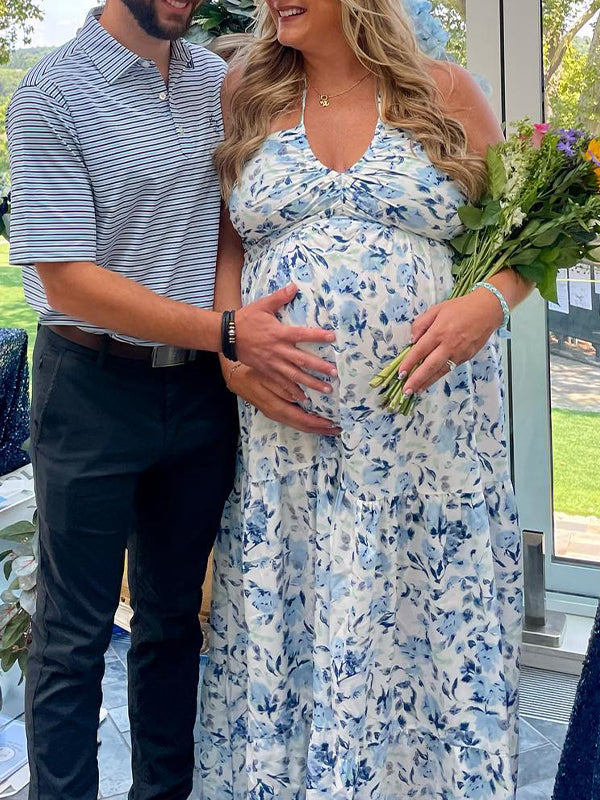 V Neck Spaghetti Strap Maternity Baby Shower Maxi Dress