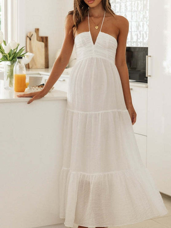 V Neck Spaghetti Strap Maternity Baby Shower Maxi Dress