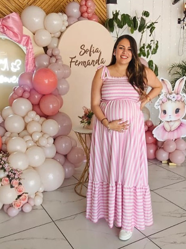 Smoked lace-up Striped Maternity Baby Shower Maxi Dress