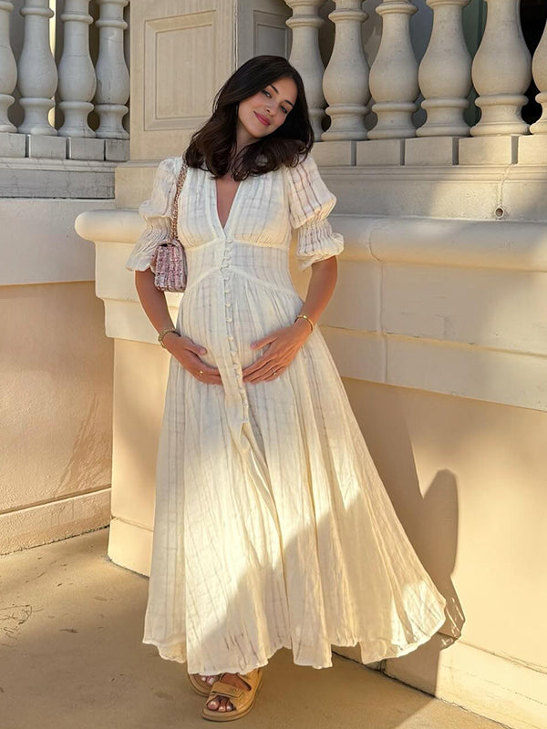 White V Neck Buttons High Waisted Maternity Photoshoot Maxi Dress
