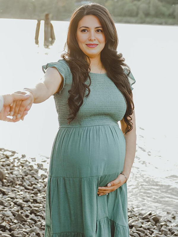 Round Neck Smoked Small Flightless Sleeve Maternity Photoshoot Maxi Dress