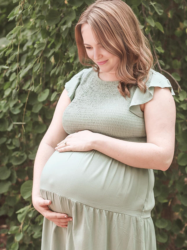 Round Neck Smoked Small Flightless Sleeve Maternity Photoshoot Maxi Dress