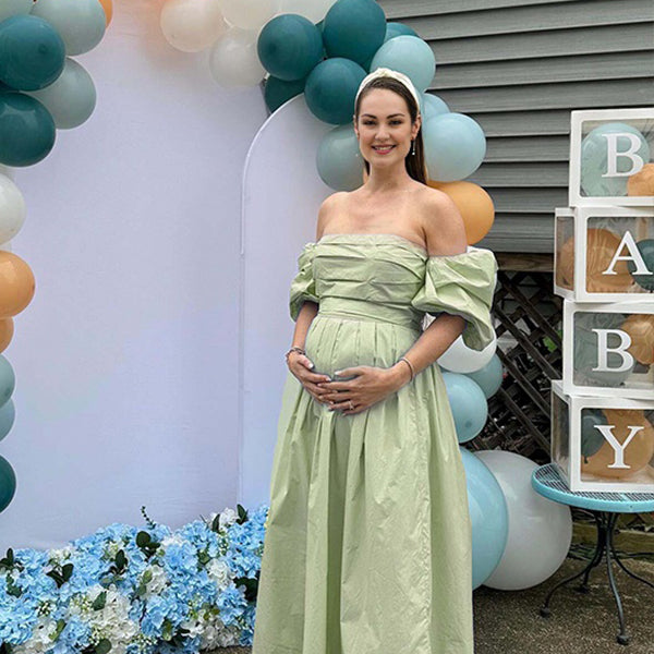 Off Shoulder Ruched Puff Sleeve Maternity Baby Shower Maxi Dress