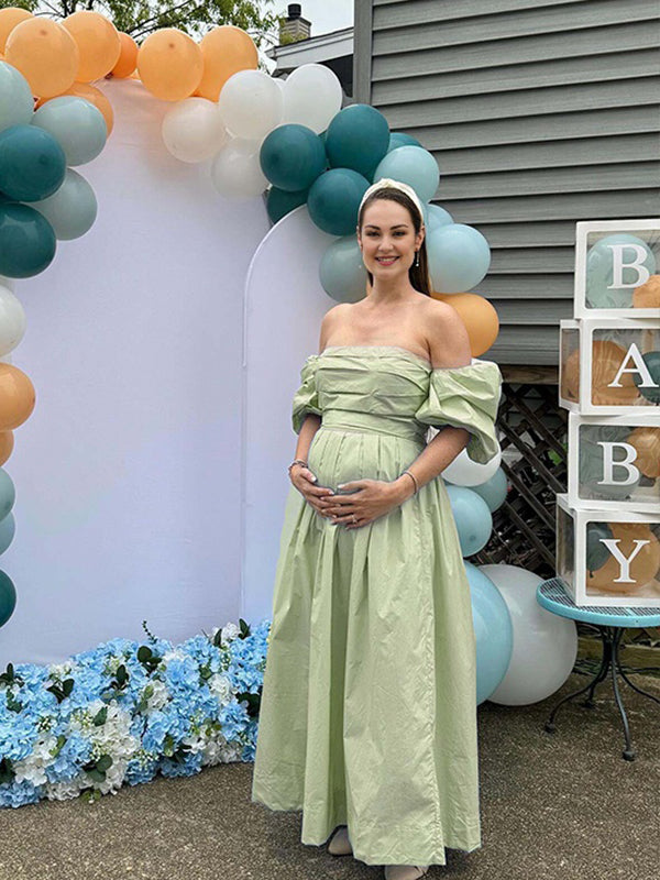 Off Shoulder Ruched Puff Sleeve Maternity Baby Shower Maxi Dress