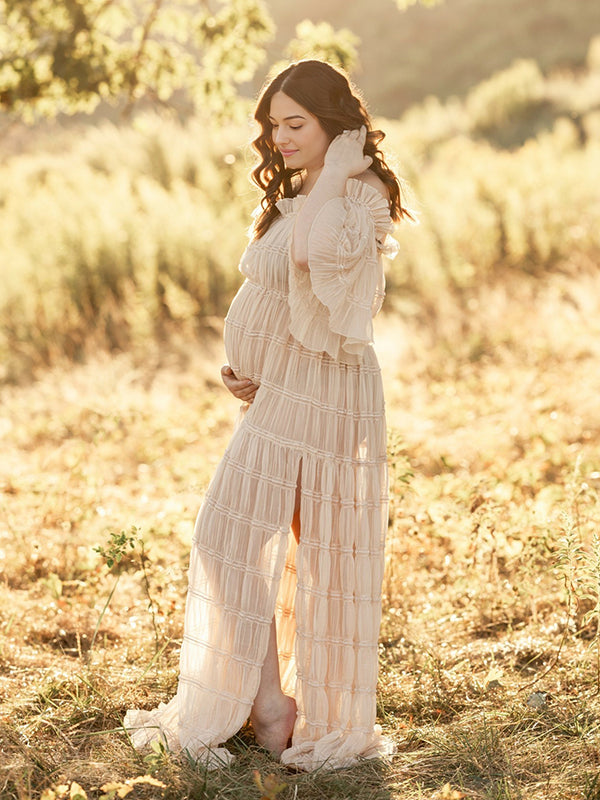 Beige Off Shoulder Ruched Ruffle Slit Photoshoot Maternity Maxi Dress