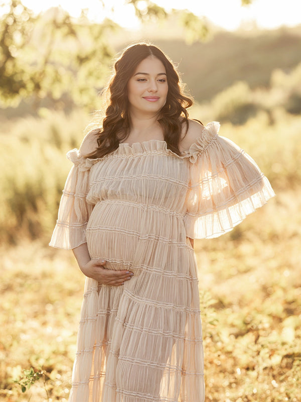Beige Off Shoulder Ruched Ruffle Slit Photoshoot Maternity Maxi Dress
