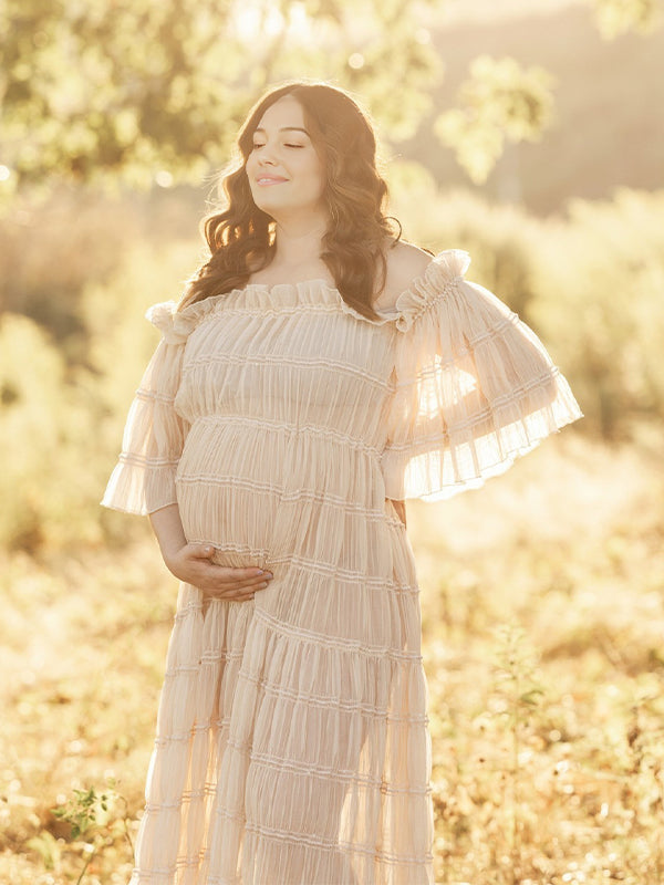 Beige Off Shoulder Ruched Ruffle Slit Photoshoot Maternity Maxi Dress