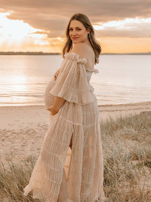 Beige Off Shoulder Ruched Ruffle Slit Photoshoot Maternity Maxi Dress