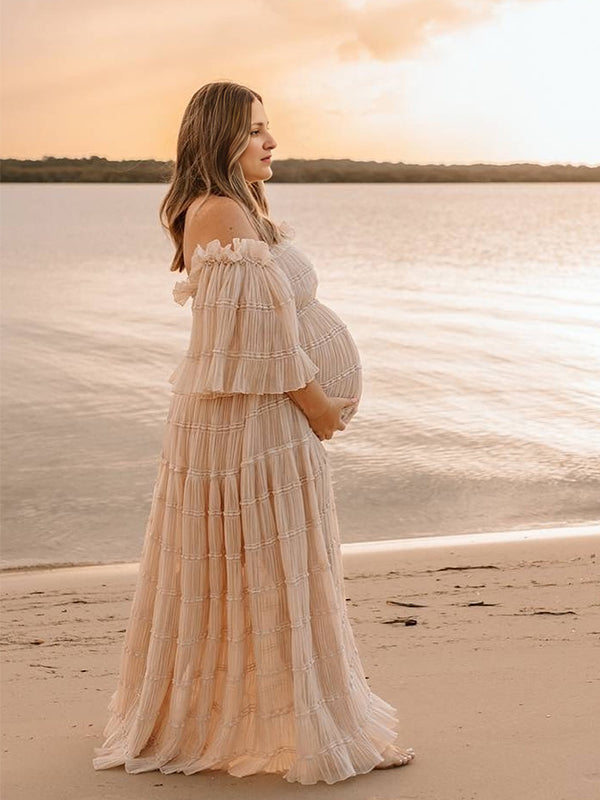 Beige Off Shoulder Ruched Ruffle Slit Photoshoot Maternity Maxi Dress