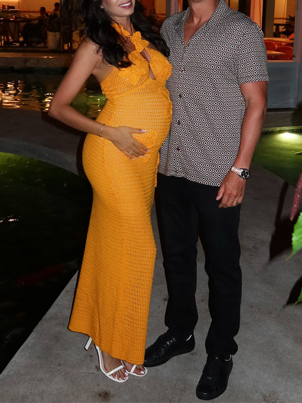 Orange Knit 3D Flowers Backless Vacation Maternity Maxi Dress
