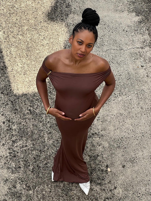 Maroon Off Shoulder Buckle Mermaid Party Maternity Maxi Dress