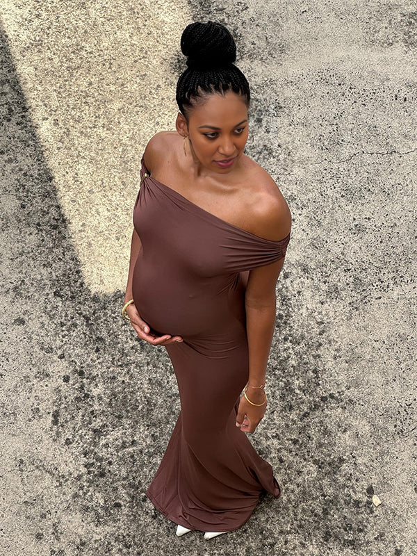 Maroon Off Shoulder Buckle Mermaid Party Maternity Maxi Dress
