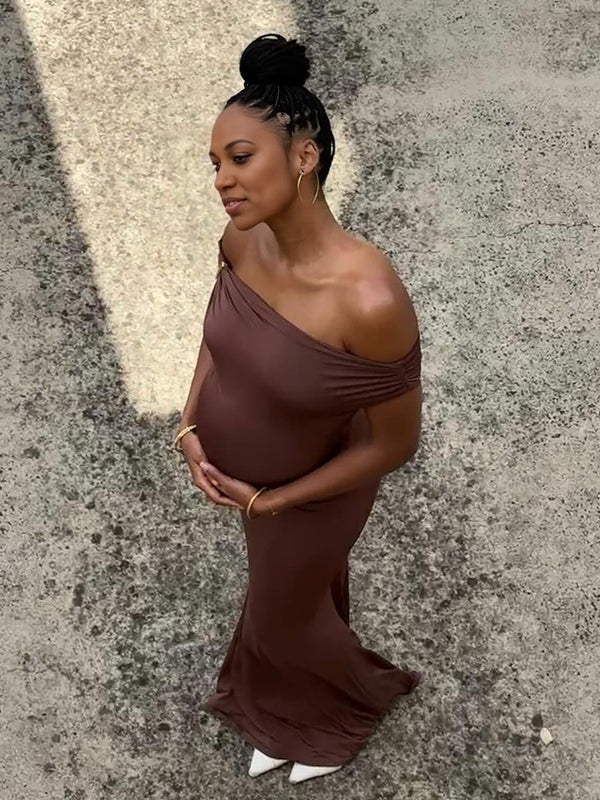 Maroon Off Shoulder Buckle Mermaid Party Maternity Maxi Dress