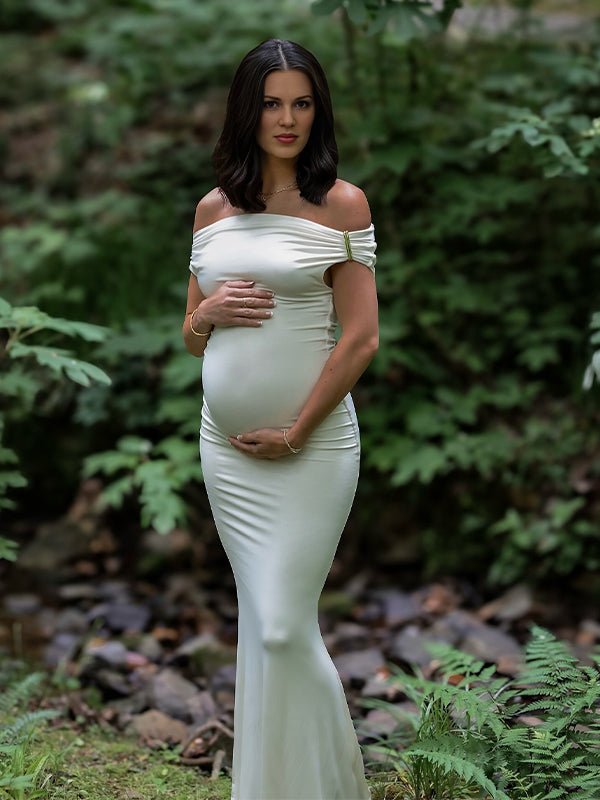 White Off Shoulder Buckle Mermaid Photoshoot Maternity Maxi Dress