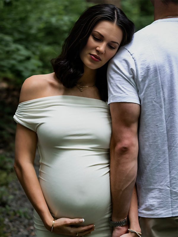 White Off Shoulder Buckle Mermaid Photoshoot Maternity Maxi Dress