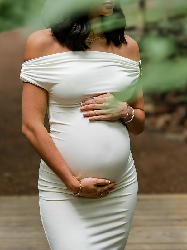 White Off Shoulder Buckle Mermaid Photoshoot Maternity Maxi Dress