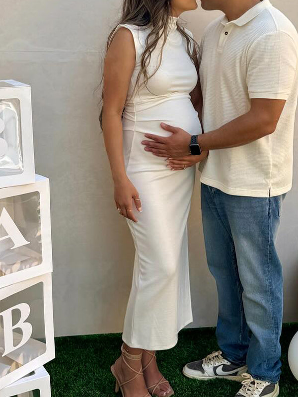 High Neck Ruched Maternity Baby Shower Maxi Dress