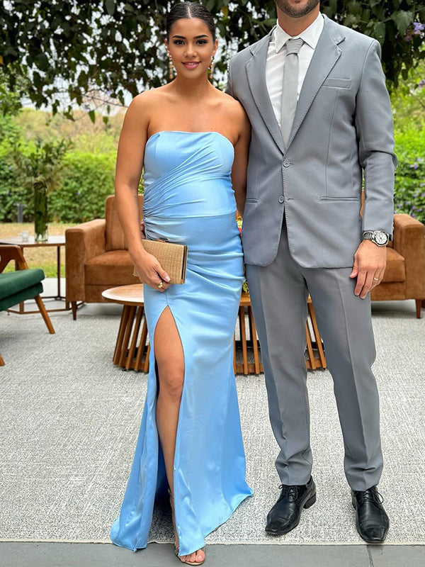 Blue Ruched Side Slit Satin Maternity Photoshoot Maxi Dress