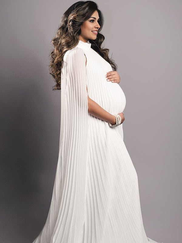 Momsmood High Neck Pleat Shawls Maternity Photoshoot Maxi Dress