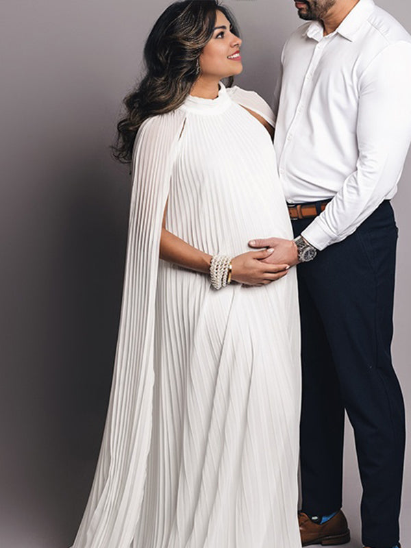 Momsmood High Neck Pleat Shawls Maternity Photoshoot Maxi Dress