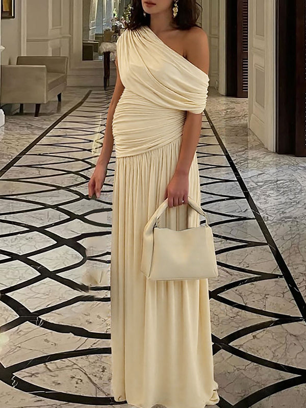 Slash Neck Oblique Shoulder Ruched Maternity Baby Shower Maxi Dress