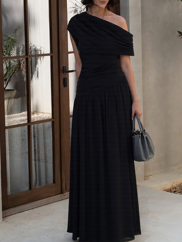 Slash Neck Oblique Shoulder Ruched Maternity Baby Shower Maxi Dress