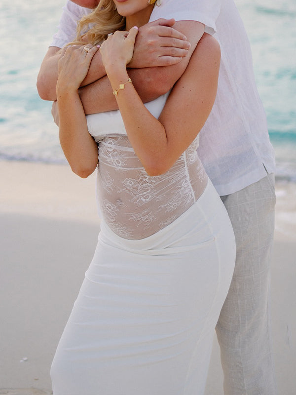 White Splicing Lace Backless Bodycon Maternity Photoshoot Maxi Dress