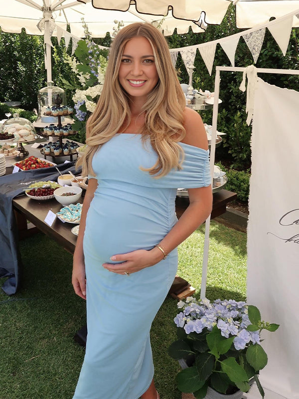 Blue Off Shoulder Ruched Backless Maternity Baby Shower Maxi Dress