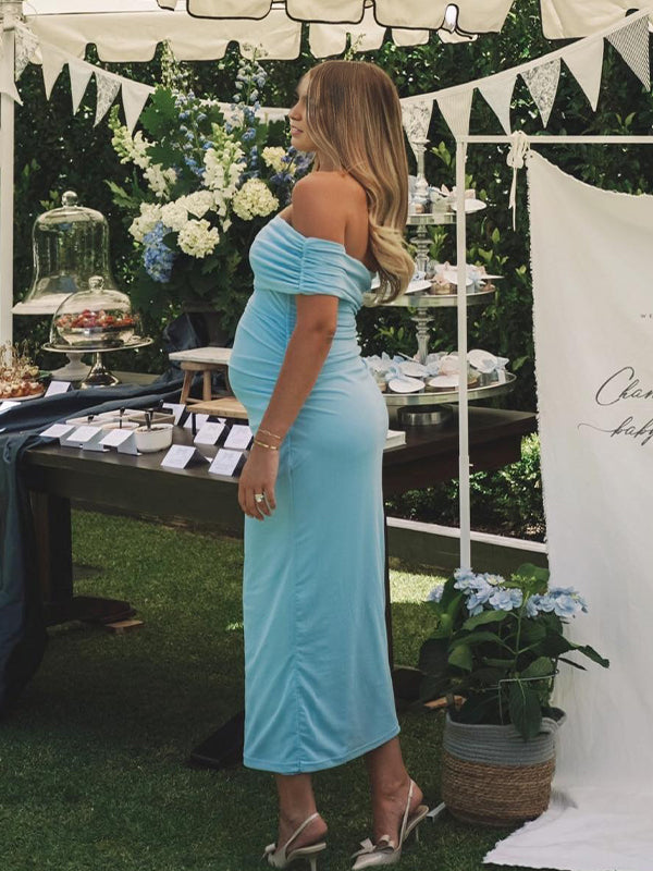 Blue Off Shoulder Ruched Backless Maternity Baby Shower Maxi Dress