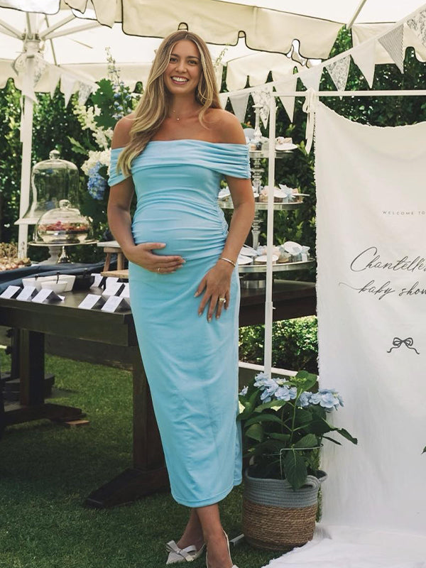 Blue Off Shoulder Ruched Backless Maternity Baby Shower Maxi Dress