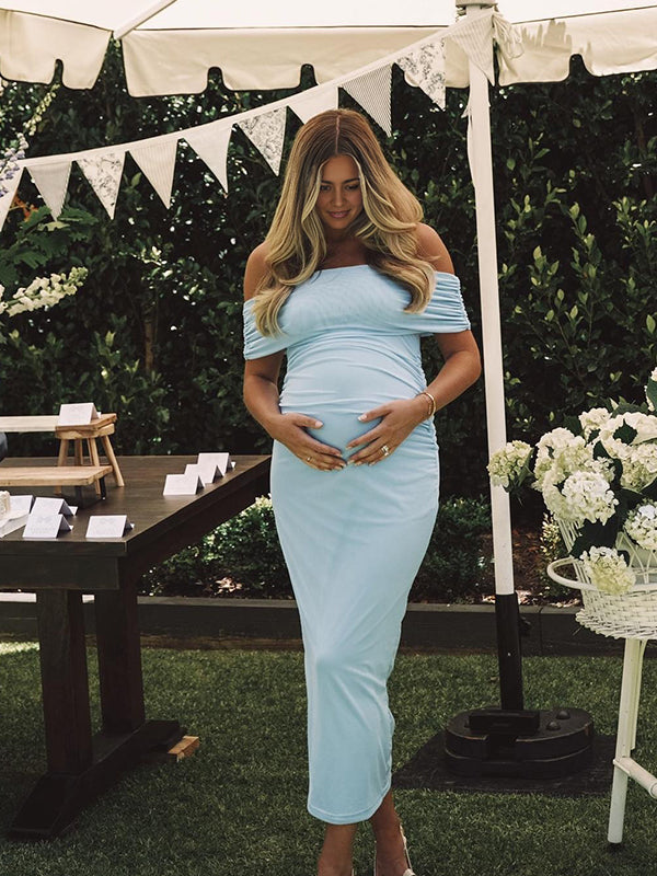 Blue Off Shoulder Ruched Backless Maternity Baby Shower Maxi Dress
