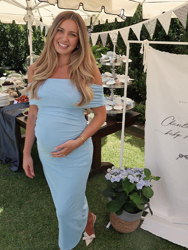 Blue Off Shoulder Ruched Backless Maternity Baby Shower Maxi Dress