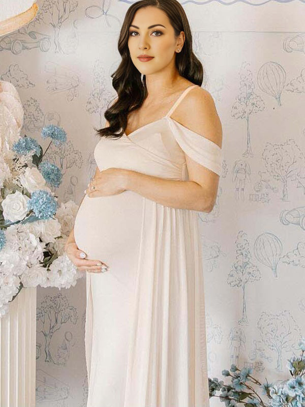 White Spaghetti Strap Grenadine Maternity Baby Shower Maxi Dress