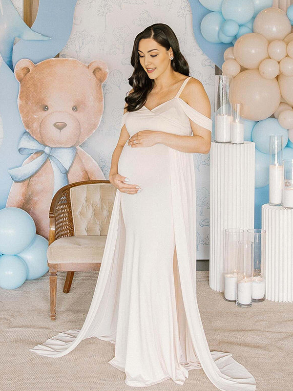 White Spaghetti Strap Grenadine Maternity Baby Shower Maxi Dress