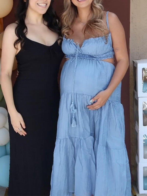 Blue Spaghetti Strap lace-up Boho Maternity Baby Shower Maxi Dress