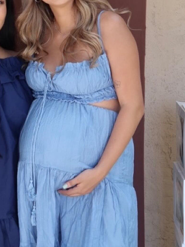 Blue Spaghetti Strap lace-up Boho Maternity Baby Shower Maxi Dress