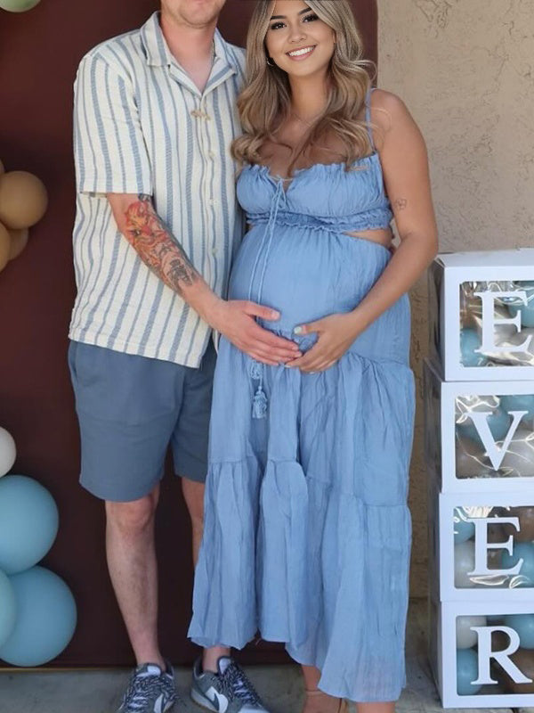 Blue Spaghetti Strap lace-up Boho Maternity Baby Shower Maxi Dress