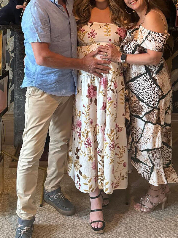 Square Neck Smoked Stamp Duty Maternity Baby Shower Maxi Dress