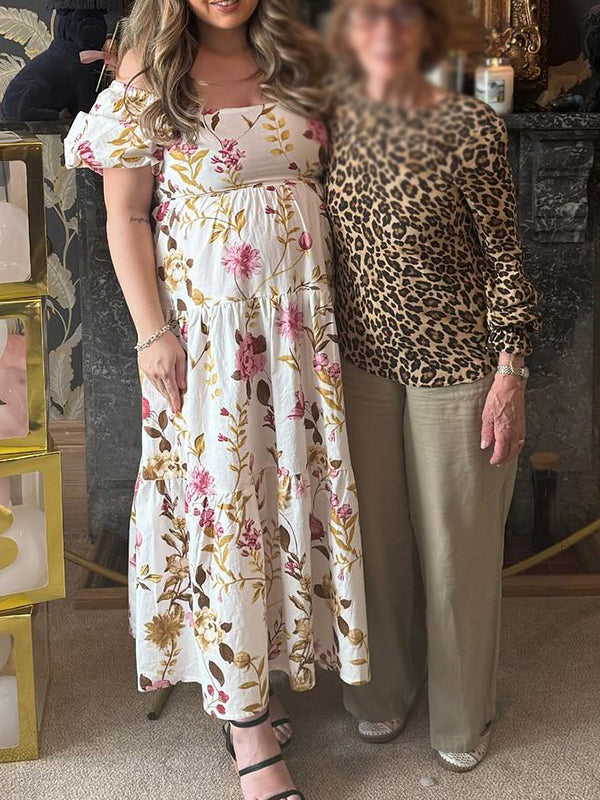 Square Neck Smoked Stamp Duty Maternity Baby Shower Maxi Dress