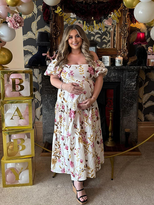 Square Neck Smoked Stamp Duty Maternity Baby Shower Maxi Dress