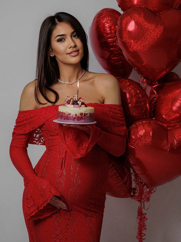 Momsmood Christmas Red Lace Ruffle Off Shoulder Mermaid Maternity Photoshoot Maxi Dress