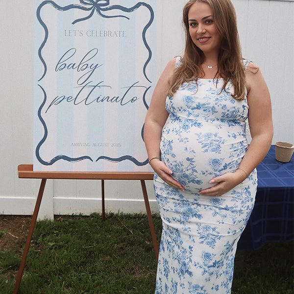 Blue Floral Rucdhed Mermaid Baby Boy Shower Maternity Maxi Dress