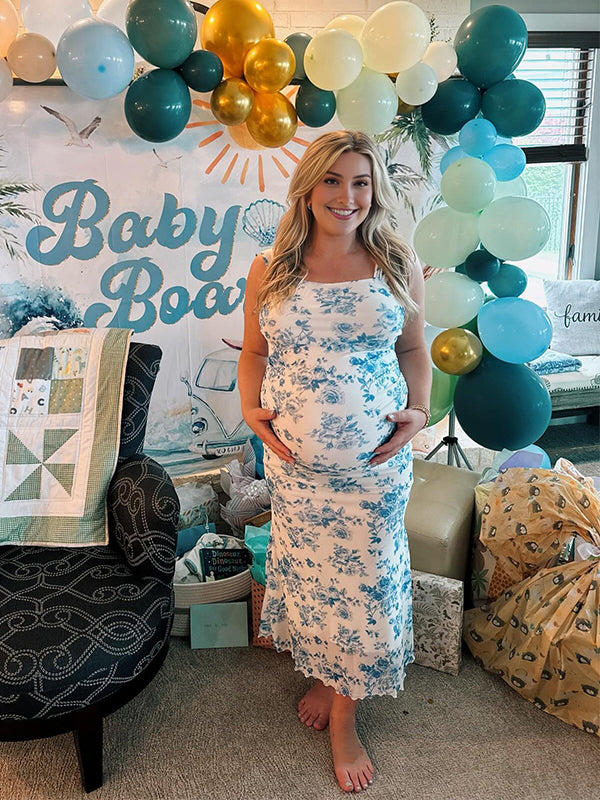 Blue Floral Rucdhed Mermaid Baby Boy Shower Maternity Maxi Dress